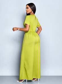 SOLERSUN Women's Solid Color Deep V-Neck High Waisted Shorts Sleeves Buttoned Pocket Design Jumpsuit