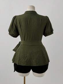 Flirla Plus Size French Design Striped Waist Tie Bow Blouse - Green - View 5