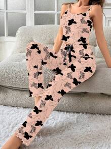 SHEIN 女士舒适蝴蝶印花吊带背心和短裤睡衣套装，夏季 - 彩色 - 查看 4