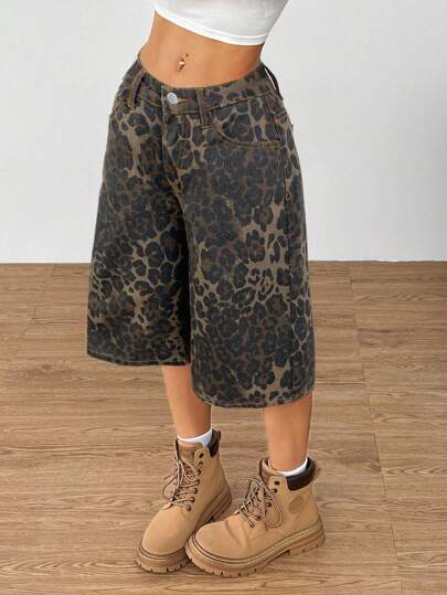 SHEIN EZwear 女士豹纹编织口袋休闲百搭时尚短裤