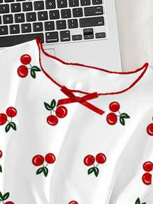 Genkimix Kids Tween Girls Pajamas Set, Includes White Crew Neck T-Shirt With Sweet Cherry Print And Loose Cherry Allover Print Pants With Ruffle Hem, Summer Casual Sleepwear Cherry Pajama Set, Back To School Fashion - White - View 5