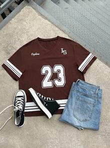 SHEIN Teen Boys' Brown Streetwear Short Sleeve T-Shirt,Summer Beach Back-To-School Text & Numeric Printed Crew Neck Versatile Casual Sports Tee For Daily - Brown - View 2
