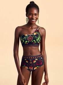 Travachic Casual Printed Bikini Set With Botanical Patterns And Short High-Coverage Bottom One Shoulder Bikini Boho Swimsuit High Waist Swimsuit Set Two Piece Swimsuit Floral Print Bikini