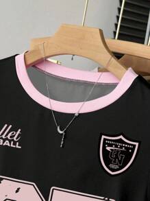Teen Girl Contrast Color Sports Casual Numeric Print Fitted Short Sleeve T-Shirt - Multicolor - View 3