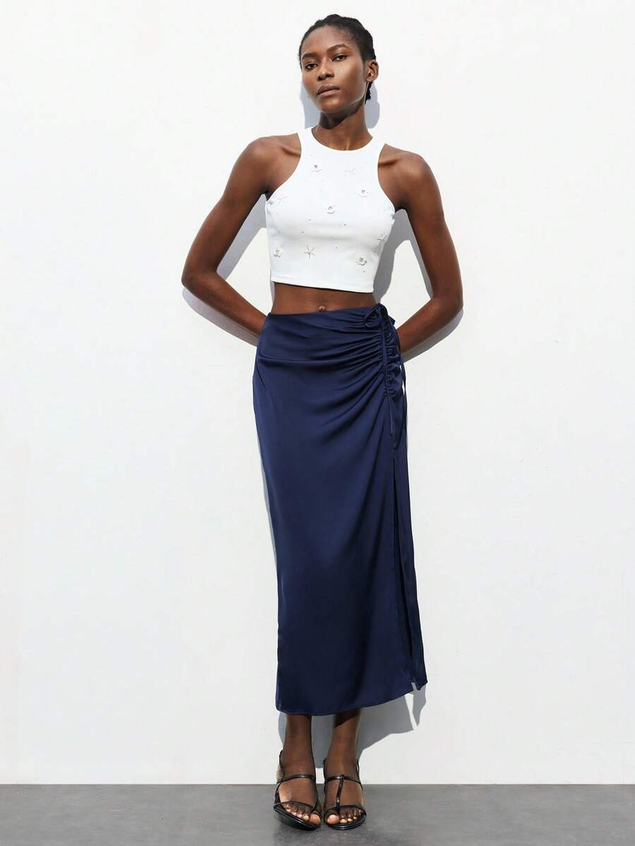 Maija Women Solid Color Side Tie Side Slit Hem Elegant Skirt Cruise Women Outfits Concert Outfits For Women Clothes For Women Modest Teacher Outfits Business Casual Woman