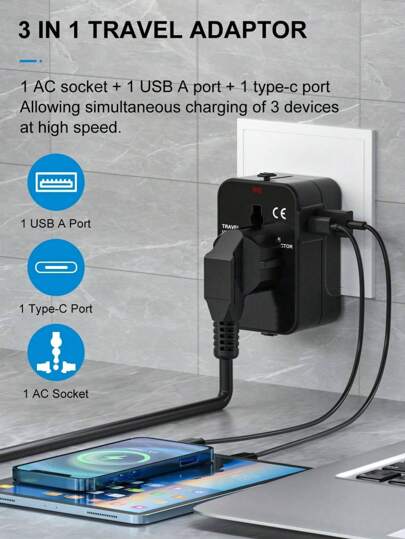 Universal Travel Adapter Worldwide Charger 100W Fast Charging PD USB C Multi Country Plug Converter Compact Design Power Adapter For Laptop Phone Cruise Ship Approved Business Trip Essential Surge Protection