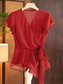 Franclia Blusa de gasa con cuello en V, volantes, cintura ceñida y mangas abullonadas