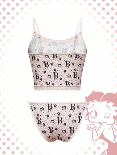 Betty Boop | ROMWE Contrast Lace Cartoon Graphic Wireless Bra & Brief Set