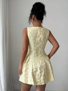 Modelyn Damen Butter Gelb Jacquard ärmelloses Taillen Raffung Sommer Lässig Kleid - Gelb - Übersicht 2