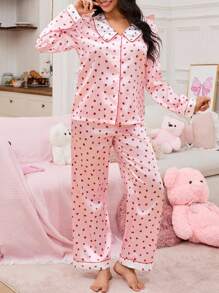 SweetSlumber Women's Sweet Strawberry Print Contrast Color Collar Long Sleeve Pajama Set - Multicolor - View 5