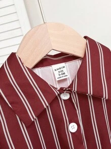 SHEIN 3 件套女婴休闲条纹长袖防晒领衬衫、柔软亲肤黑色吊带背心和紧身短裤套装，适合上学、日常穿着和运动 - 酒紅色 - 查看 7