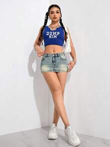 SHEIN PETITE 女士夏季性感修身迷你牛仔裙 - 藍色 - 查看 4