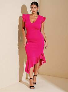 SHEIN BAE Robe moulante d'été à grande taille, col V profond sexy, dos croisé, ourlet asymétrique volupté, rose/rouge rose, tenue pour femmes