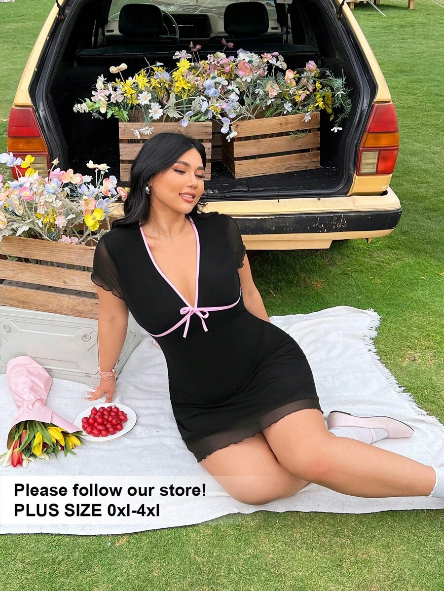 SHEIN EZwear 大码粉色拼接撞色长裙 - 彩色 - 查看 1