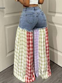 BamGleam Women's Fashion Color Block Plaid Wide Leg Jeans - Multicolor - View 2