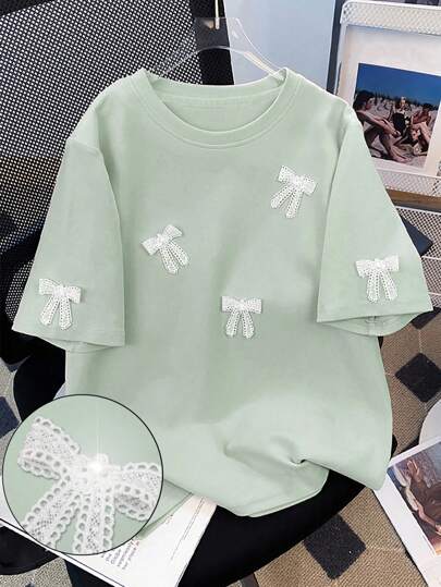 SHEIN 优雅蝴蝶结细节大码女式短袖圆领T恤