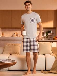 Manfinity Underwear&Sleepwear Basics Men's Summer Casual Plaid Patchwork Pocket Short Sleeve Top And Shorts Loungewear Set