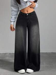 SHEIN Tall Quần Jeans Ống Rộng Cạp Thấp Có Túi Cho Nữ, Kiểu Dáng Thoải Mái Thường Ngày, Đa Năng - Màu xám đen - Xem 6