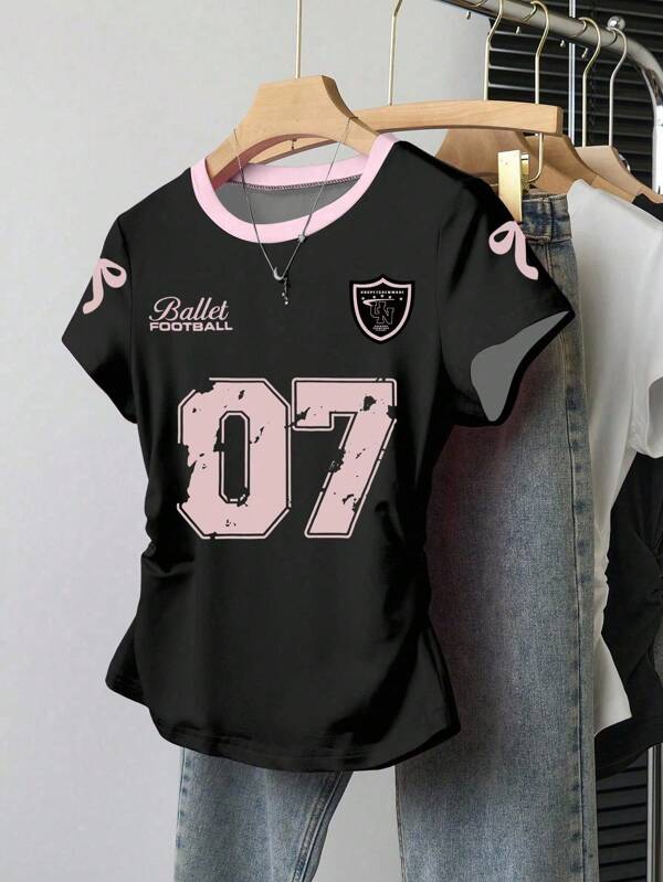 GraphicGems Teen Girl Contrast Color Sports Casual Numeric Print Fitted Short Sleeve T-Shirt