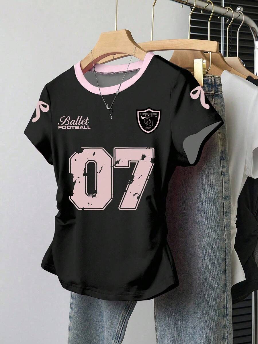 Teen Girl Contrast Color Sports Casual Numeric Print Fitted Short Sleeve T-Shirt - Multicolor - View 1