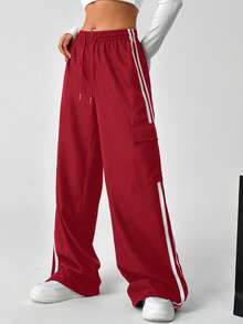 SHEIN EZwear Women's Casual Red Drawstring Waist Striped Side Pocket Long Pants - Red - View 5