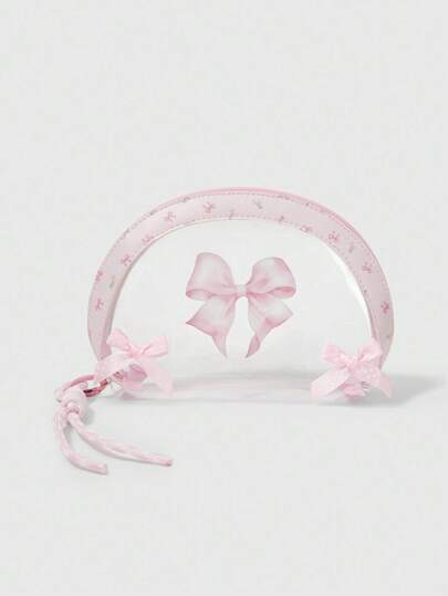 Kawaii Semicircular Transparent PVC Cute Girly Pink Bow Makeup Bag, Large Capacity, Item No. 401422
