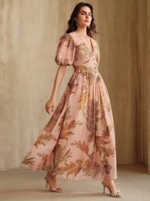 Anewsta Vintage Vacation Style V-Neck Puff Sleeve Fitted Vacation Dress For Ladies - Multicolor - View 3