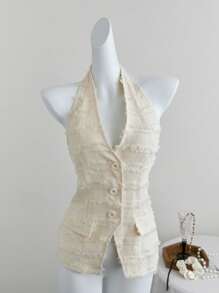 SHEIN Unity V-Neck Fringed Backless Halter Crop Tailored Jacket - White - View 5