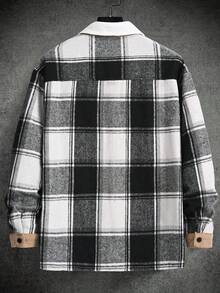 Manfinity Homme 男士宽松格子贴袋落肩大衣，秋冬格子衬衫，男士黑白长袖衬衫，男士街头风衬衫，男士格子夹克，适合日常休闲、周末旅行、户外活动、探险旅行、轻松的工作环境或半正式场合，可作为男友/丈夫礼物、周年纪念礼物、老钱礼物或圣诞节礼物。 - 黑色 - 查看 2
