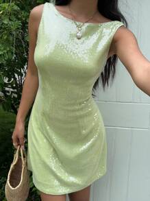 SHEIN EZwear Đầm lưới mini đính hạt không tay màu trơn thanh lịch dành cho nữ - màu xanh lá - Xem 4