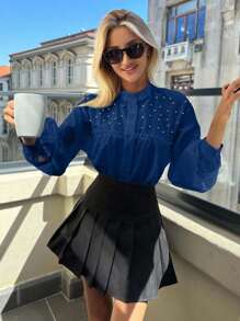 EURMUSE Camisa con cuello alto y mangas de linterna decoradas con diamantes 100% algodón - azul real - Ver 6