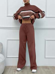 SHEIN Tall Women's Geometric Pattern High Neck Sweater 2pcs/Set, Tall Women - Rusty Rose - View 3