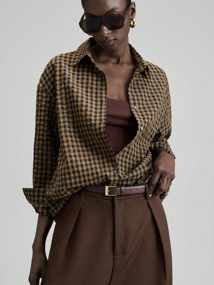 Urban Chic Style, Extremely Comfortable, Woven Plaid, Bi-Color Plaid, Women's Shirt, Loose Fit, Casual Wear, Ladies' Top, Autumn, Back To School, Business Casual, Commuter Attire, 2025 New Collection Modern Urban Casual Fashion Business Casual Women's Office Wear Low-Key Old Money Style Brown Shirt