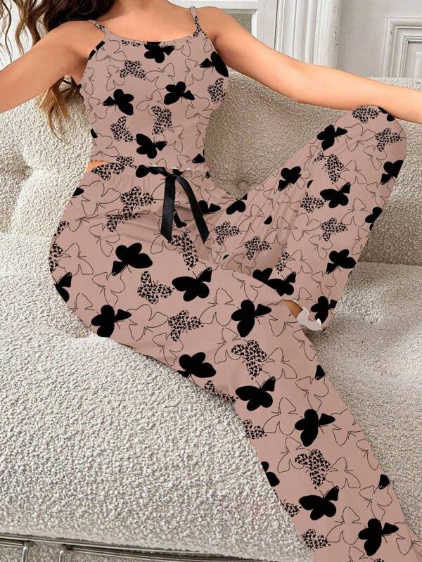 SHEIN 2pcs Women Butterfly Print Camisole And Pants Pajama Set Butterfly Pajamas Butterfly Pajama Set Cute Lounge Set Bow Pajama Set Bow Pjs