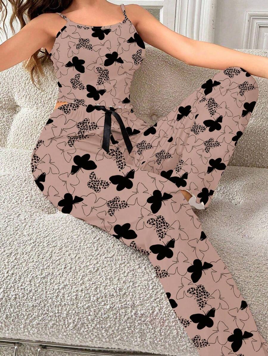SHEIN 2件套女士蝴蝶印花吊带背心和裤子睡衣套装 - 彩色 - 查看 1