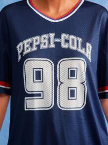 PEPSI X SHEIN Camiseta holgada de mujer azul marino, jersey, tela transpirable de malla, estilo universitario, deportivo y fresco, con estampado de cola, vuelta al cole, blusas para la escuela, blusas básicas, otoño e invierno - Azul Marino - Ver 5