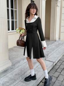 Teen Girl Elegant Colorblock Splice 2 In 1 Dress - Black and White - View 5
