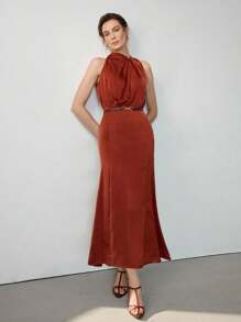 Uhlyne 优雅女士缎面棕栗色美人鱼长裙，适合宴会、朋友聚会、度假、婚礼等场合。 - 亮橙色 - 查看 7