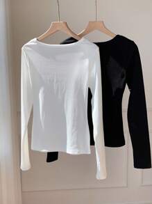 Comfortcana 女士休闲日常刺绣圆领罗纹长袖T恤 - 黑與白 - 查看 2