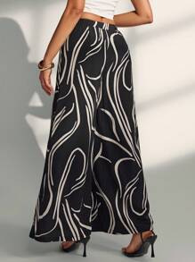 Almamuse Women's Elastic Waist Asymmetrical Geometric Pattern Wide Leg Pants Fall Casual Spring - Black - View 2