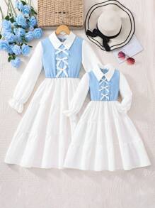 Girls White Shirt-Style Dress | Contrast Blue Knit Fabric | Bowknot Decor | Spring/Autumn Back To School, Fashion & Romance - White - View 4
