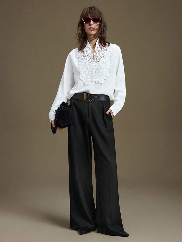 2025 New Autumn/Winter Apparel, All Season Wear, Winter, Back To School Looks For Women, Halloween & Christmas, Women's Teacher Attire, Casual Outings, Night Out, Wedding Guest, Elegant Wedding Guest, Church Attire For Women, Business Casual, Women's Business Casual Wear, Versatile Basics, Elegant Commuter Solid Color Contrast Lace Blouse