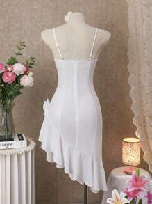 SHEIN Swim Women's Solid Color Ruffled Hem Camisole Cover Up Dress For Vacation For Summer