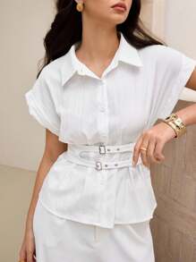 Mulvari Women's Casual Crinkle Batwing Sleeve Blouse With Dual Waist Belts For Commuting - White - View 7