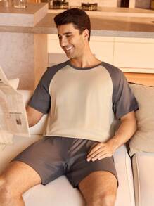 Manfinity Underwear&Sleepwear Basics Conjunto de pijama de verano para hombres con top de manga corta y pantalones cortos de manga raglán con bloques de color