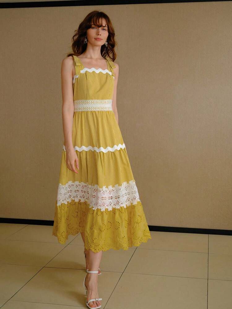 MOTF STUDIO CONTRAST TRIM HOLLOW OUT CINCHED WAIST MAXI DRESS