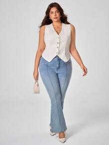 SHEIN Frenchy 大码休闲纯色无袖牛仔夹克 - 深色水洗藍 - 查看 4
