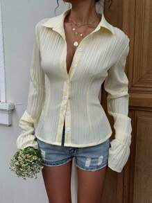 Sunnyshic 修身白色条纹纽扣领长袖衬衫，荷叶边袖口，优雅休闲百搭女士办公室装，春夏季 - 黃色 - 查看 4