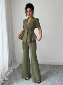 Elenzga Elleniz 短袖西装正式套装，优雅浪漫的女士定制商务套装 - 綠色 - 查看 7