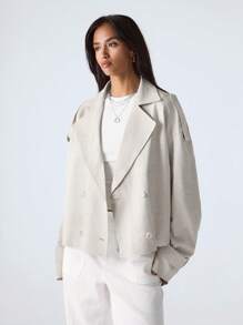 LYSMO Áo khoác trench coat hai hàng khuy trơn màu giản dị dành cho nữ - Màu be - Xem 4
